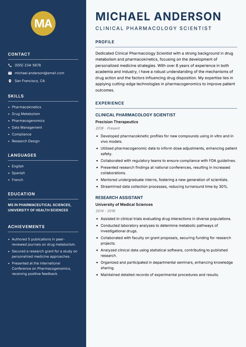 Clinical Pharmacology Scientist resume template — Classic Clean