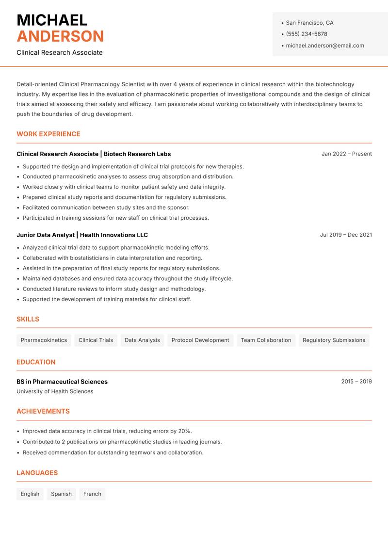 Clinical Pharmacology Scientist resume template — Modern Professional