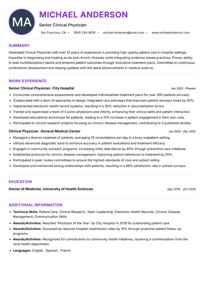 Clinical Physician resume example — ATS-friendly template