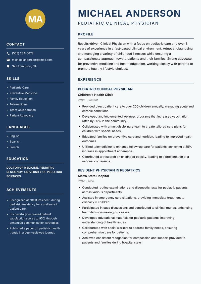 Clinical Physician resume template — Classic Clean
