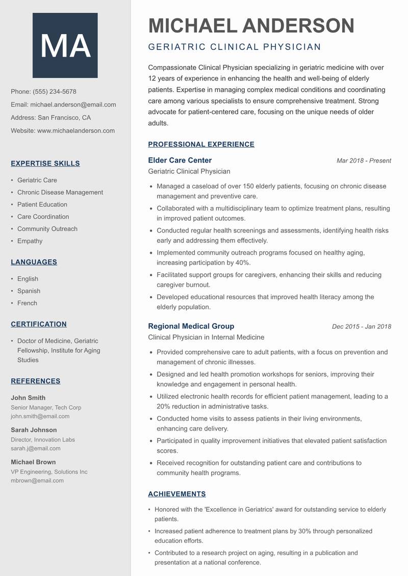 Clinical Physician resume template — Creative Minimal
