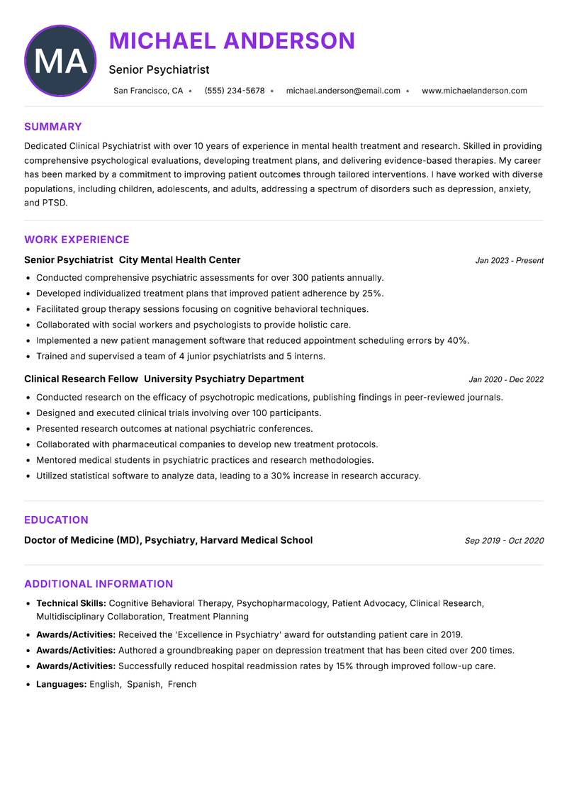 Clinical Psychiatrist resume example — ATS-friendly template