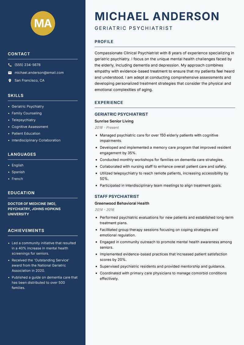 Clinical Psychiatrist resume template — Classic Clean