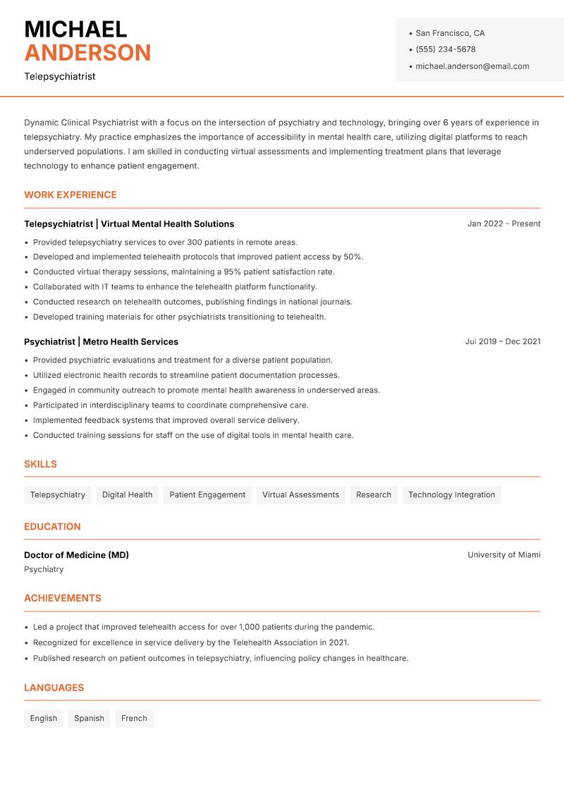 Clinical Psychiatrist resume template — Modern Professional