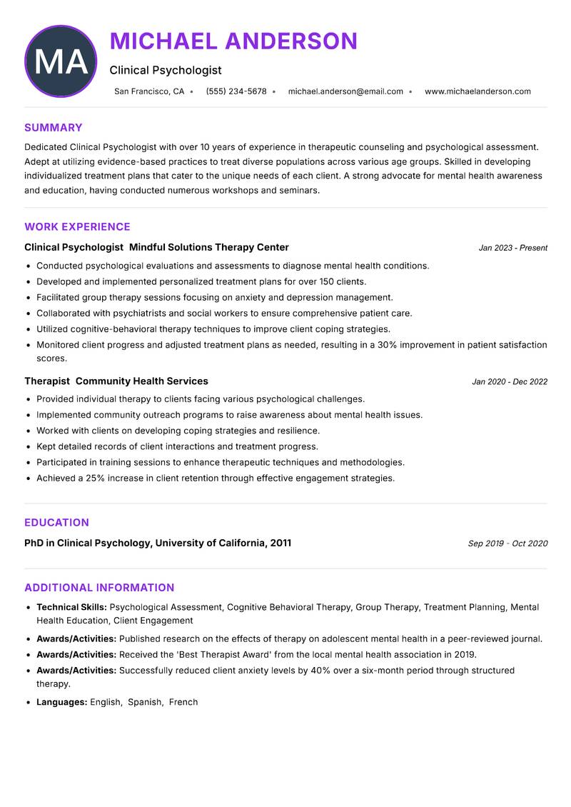 Clinical Psychologist resume example — ATS-friendly template