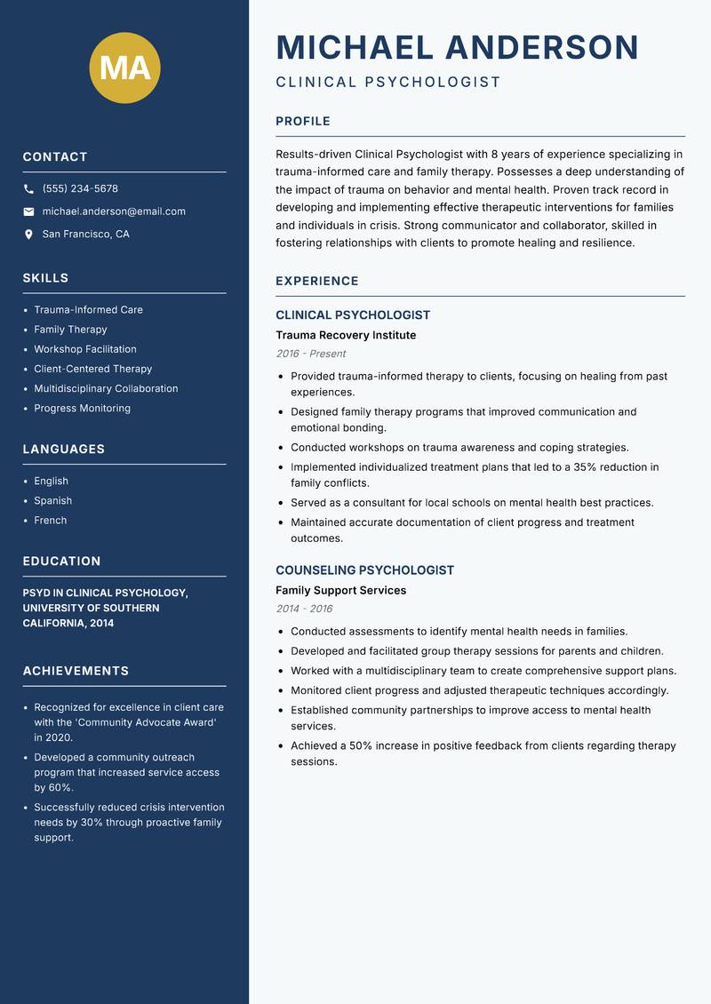 Clinical Psychologist resume template — Classic Clean