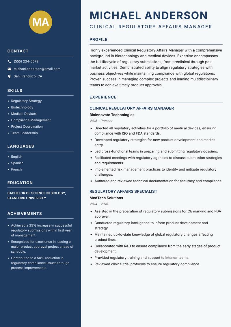 Clinical Regulatory Affairs Manager resume template — Classic Clean