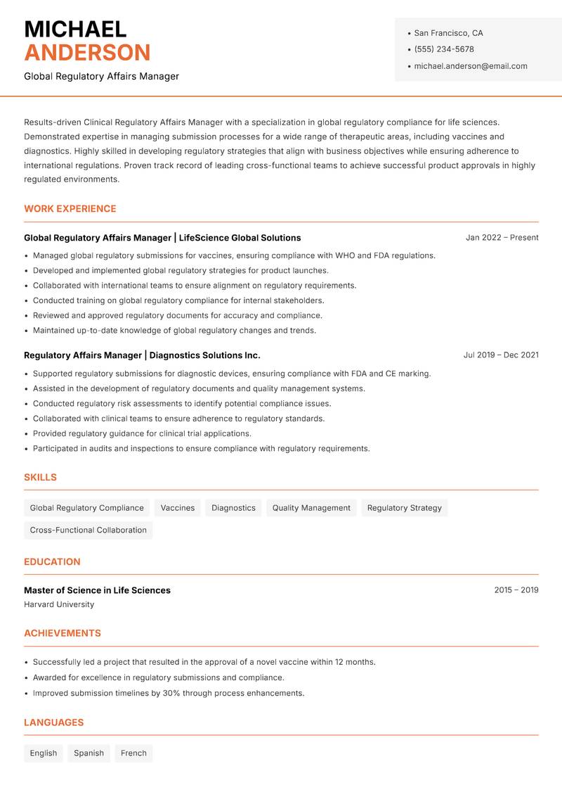 Clinical Regulatory Affairs Manager resume template — Modern Professional
