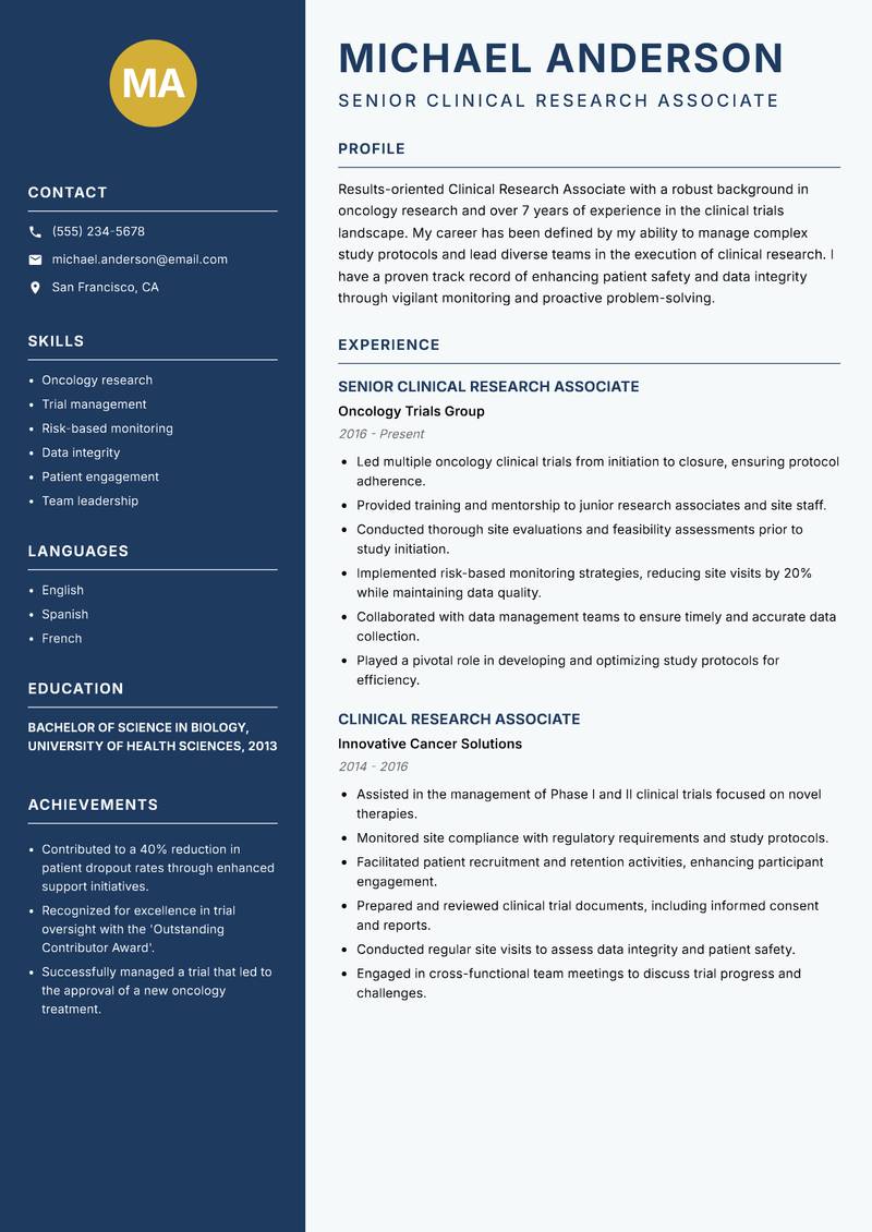 Clinical Research Associate resume template — Classic Clean