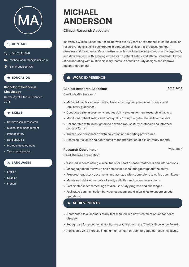 Clinical Research Associate resume template — Compact