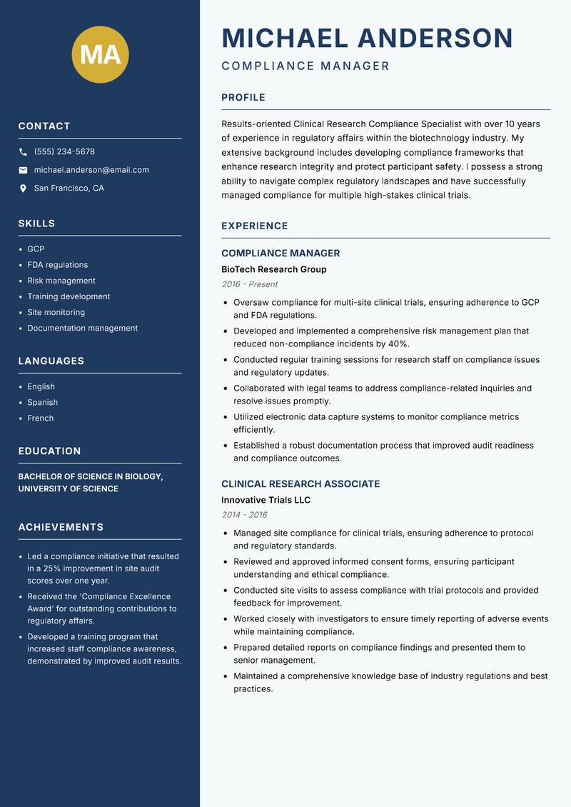 Clinical Research Compliance Specialist resume template — Classic Clean