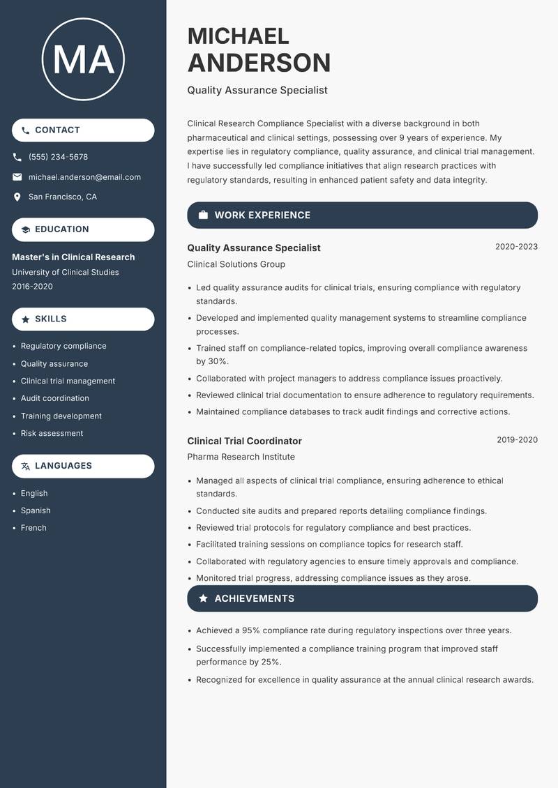 Clinical Research Compliance Specialist resume template — Compact