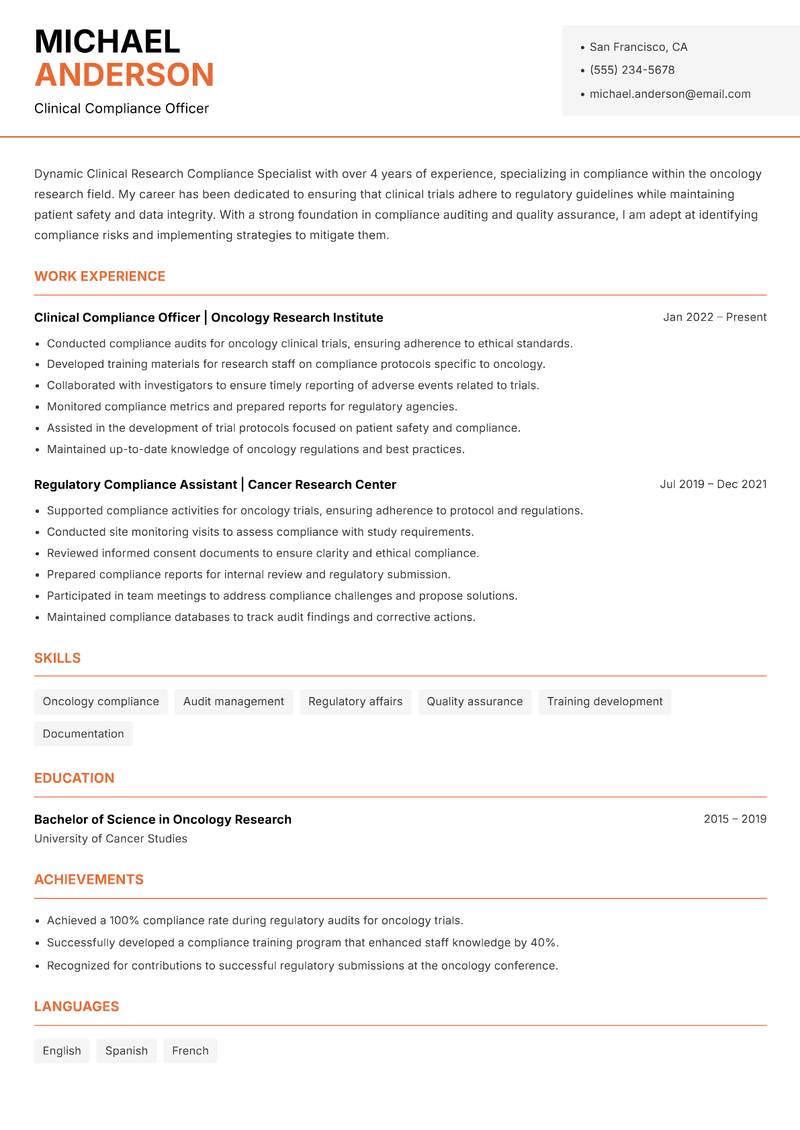 Clinical Research Compliance Specialist resume template — Modern Professional