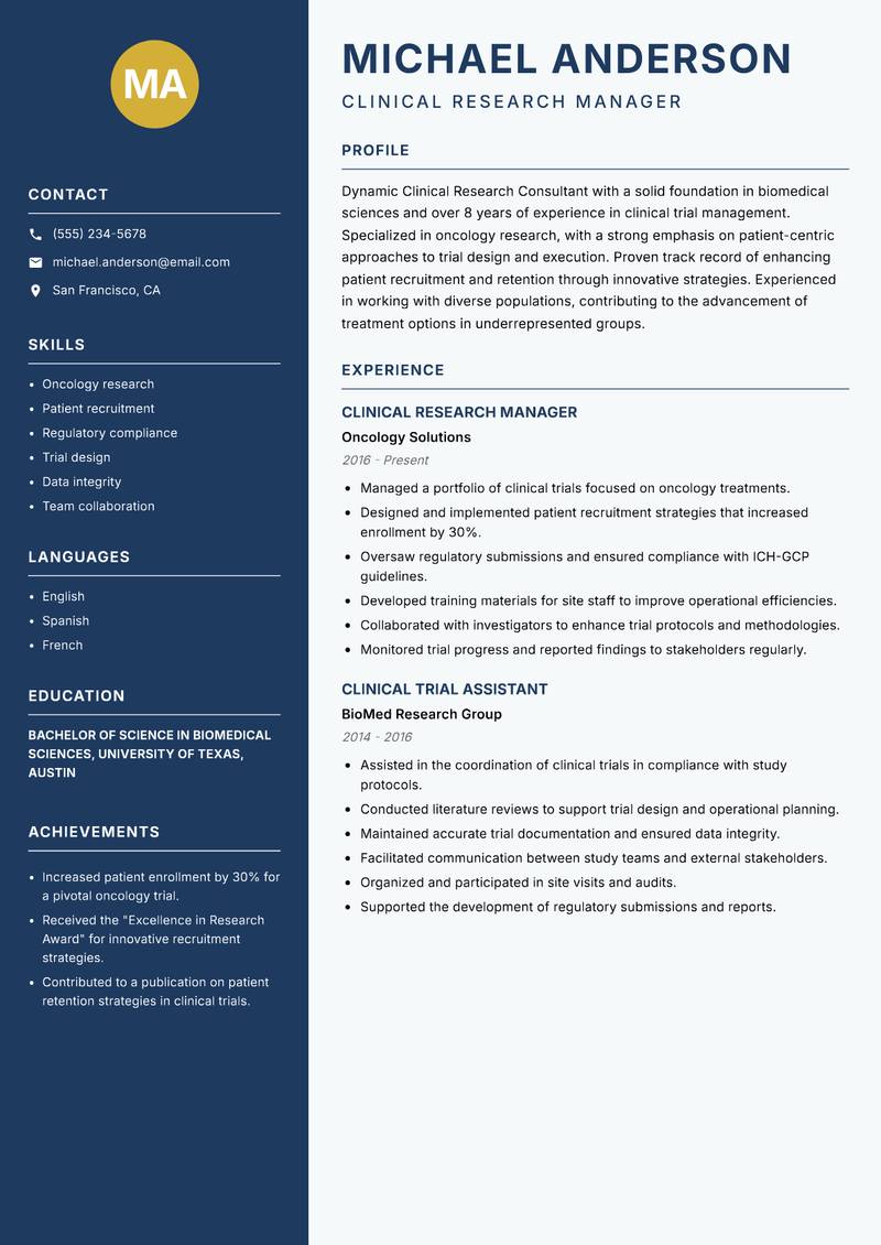 Clinical Research Consultant resume template — Classic Clean