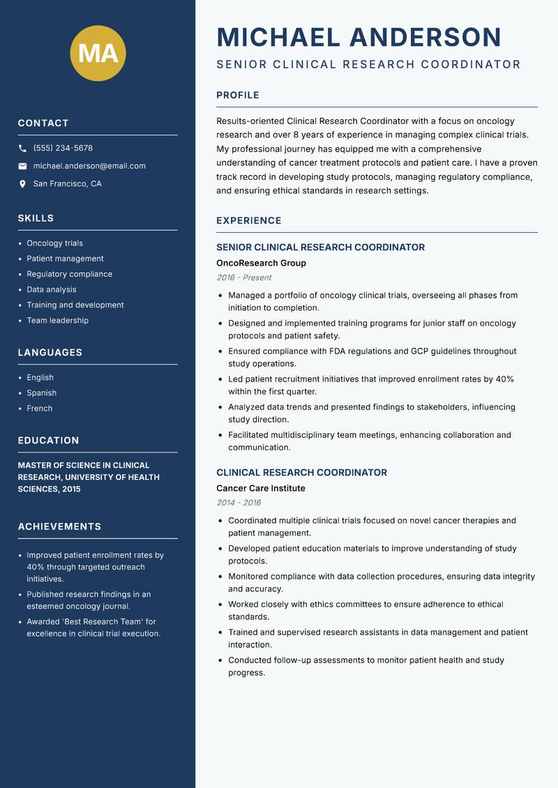 Clinical Research Coordinator resume template — Classic Clean