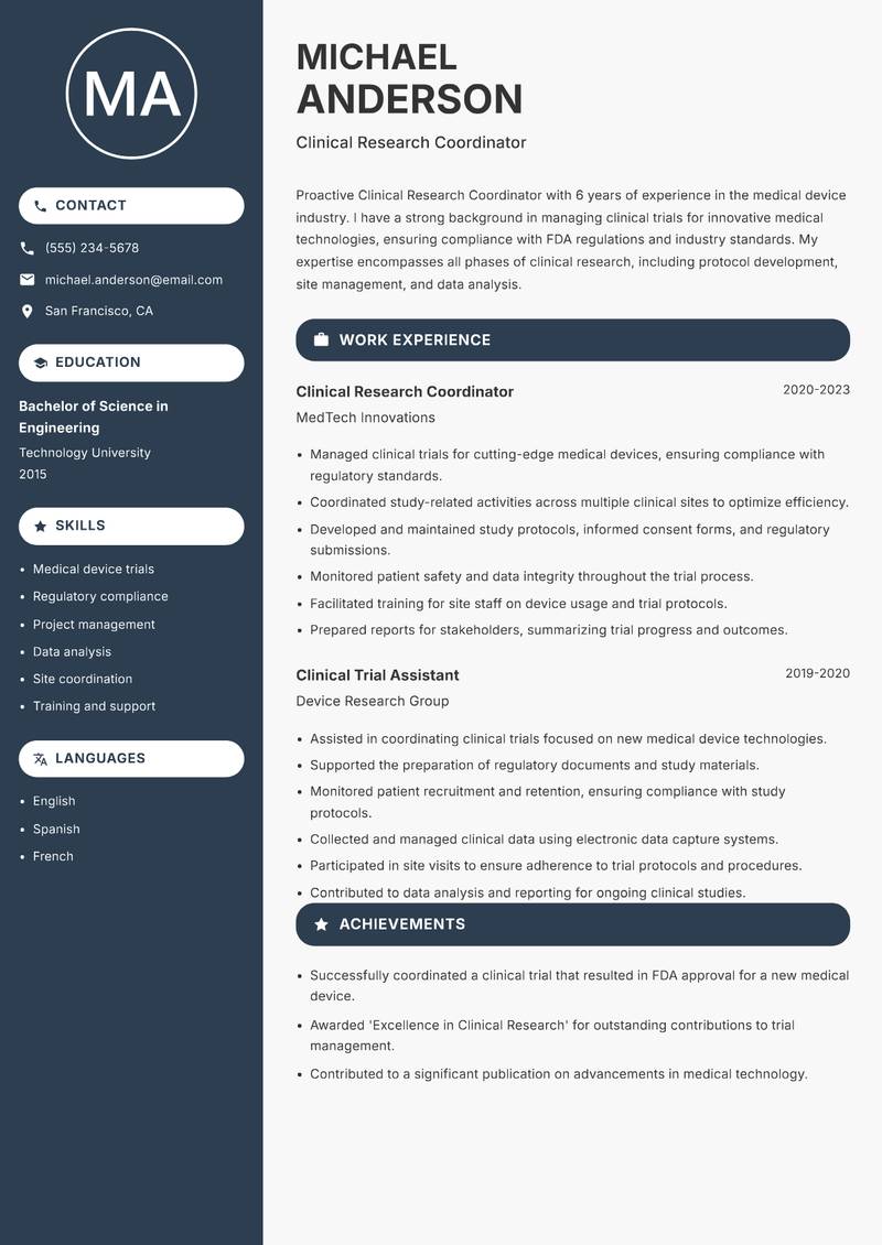 Clinical Research Coordinator resume template — Compact