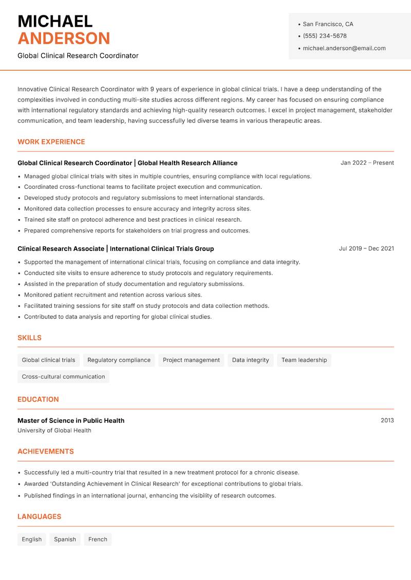 Clinical Research Coordinator resume template — Modern Professional