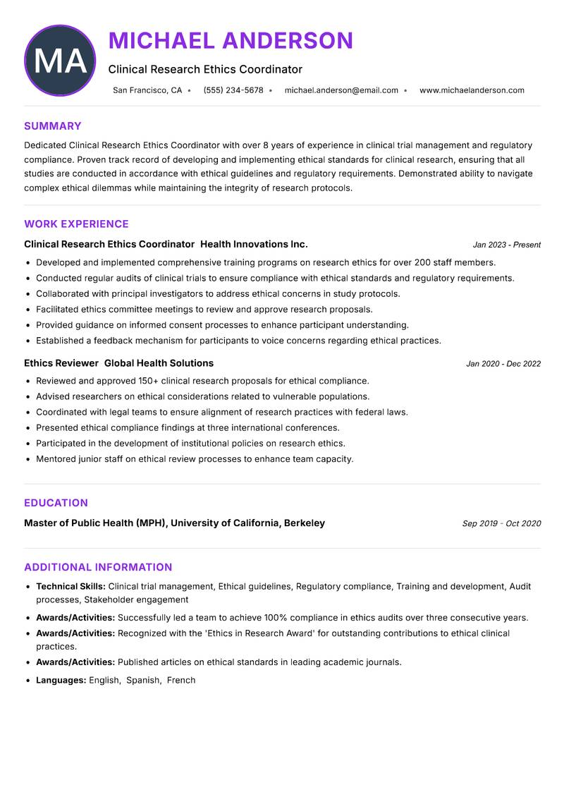 Clinical Research Ethics Coordinator resume example — ATS-friendly template