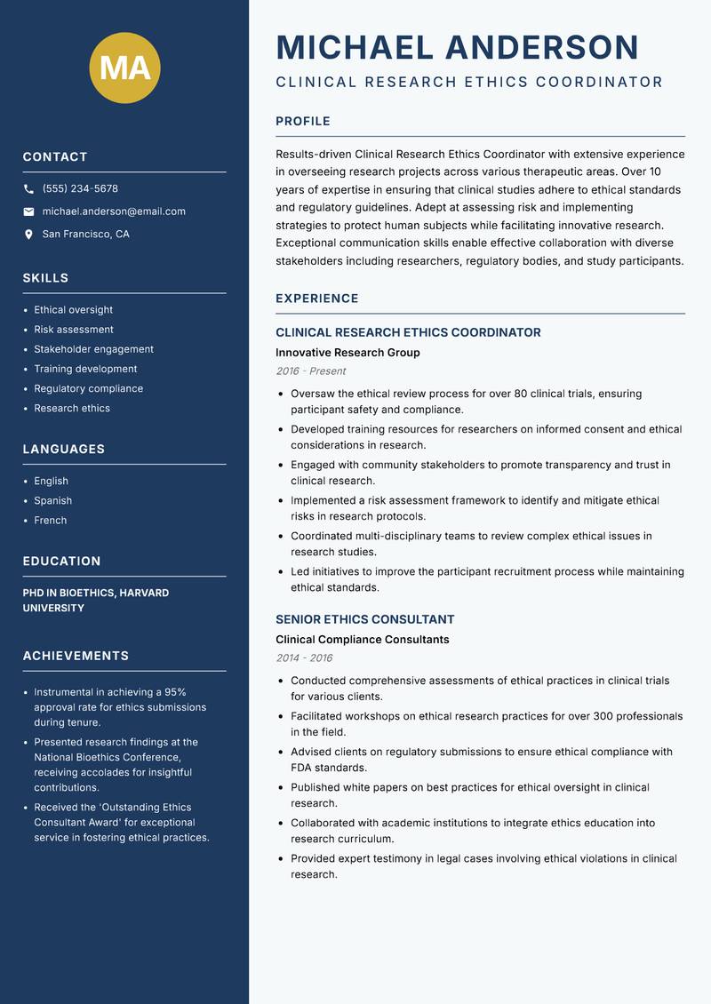 Clinical Research Ethics Coordinator resume template — Classic Clean