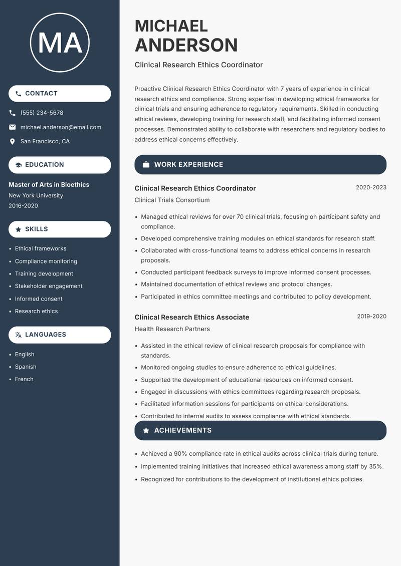 Clinical Research Ethics Coordinator resume template — Compact