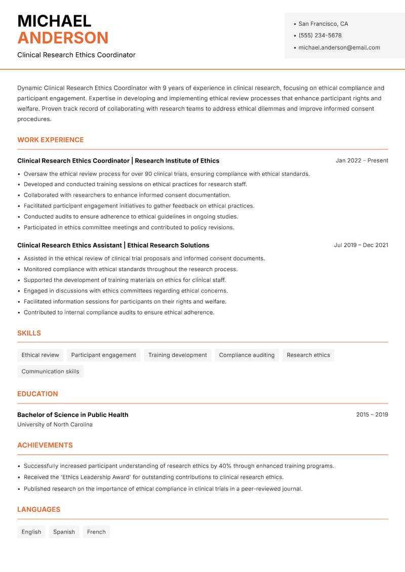 Clinical Research Ethics Coordinator resume template — Modern Professional
