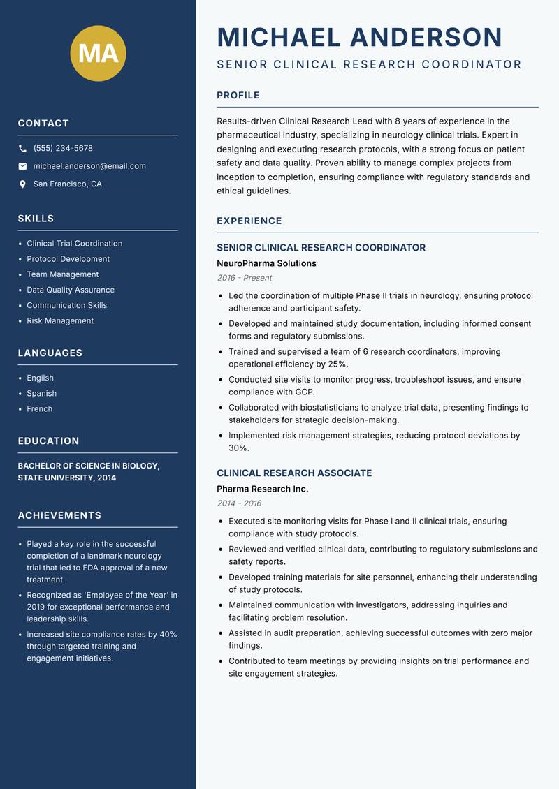 Clinical Research Lead resume template — Classic Clean
