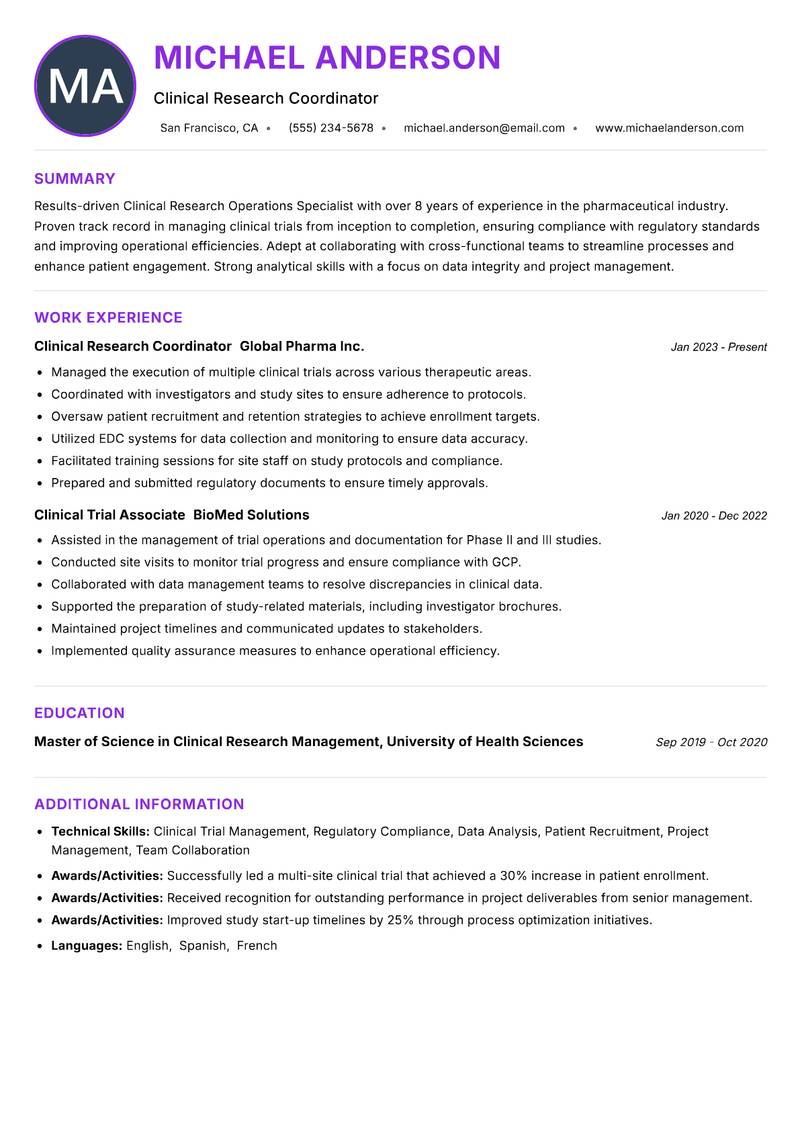 Clinical Research Operations Specialist resume example — ATS-friendly template