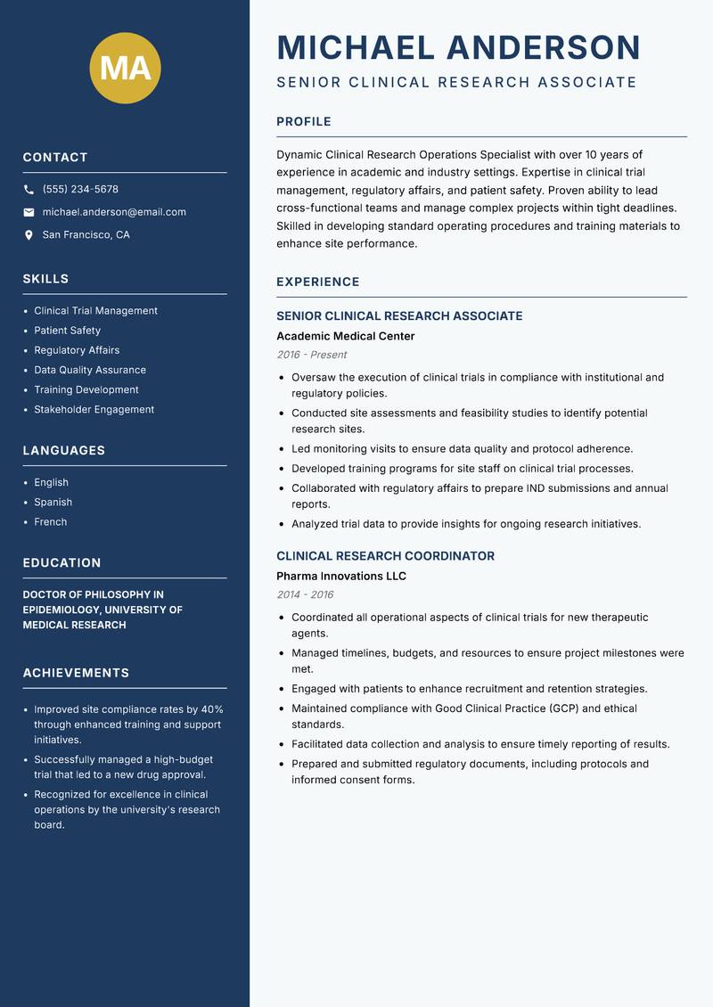 Clinical Research Operations Specialist resume template — Classic Clean