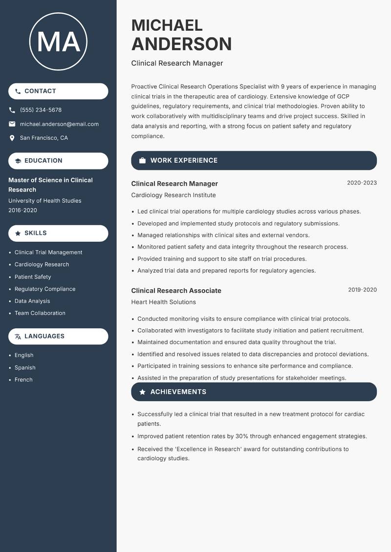 Clinical Research Operations Specialist resume template — Compact