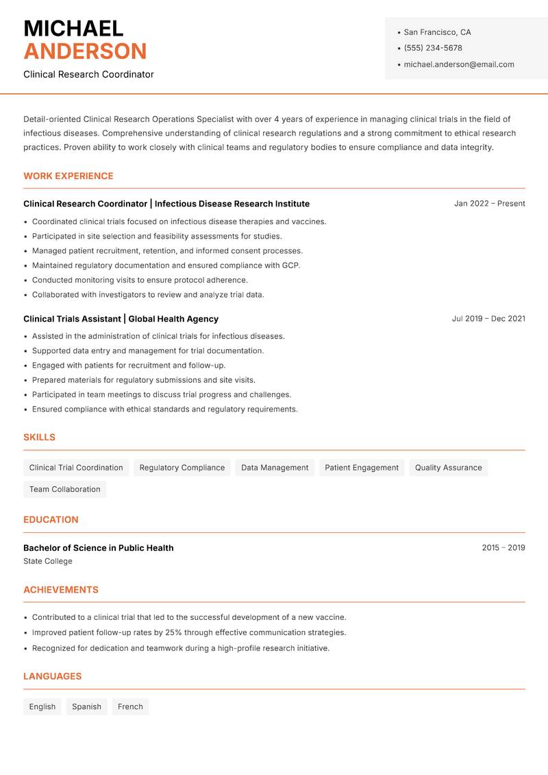 Clinical Research Operations Specialist resume template — Modern Professional