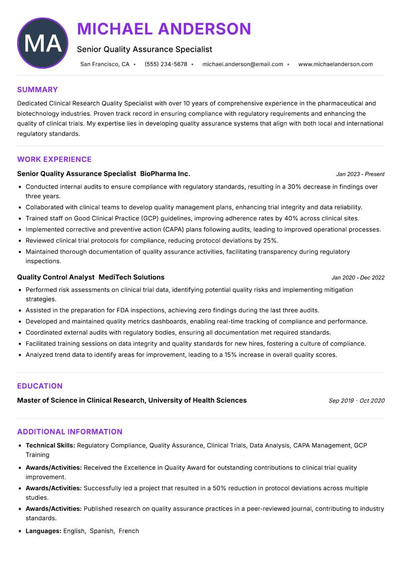 Clinical Research Quality Specialist resume example — ATS-friendly template