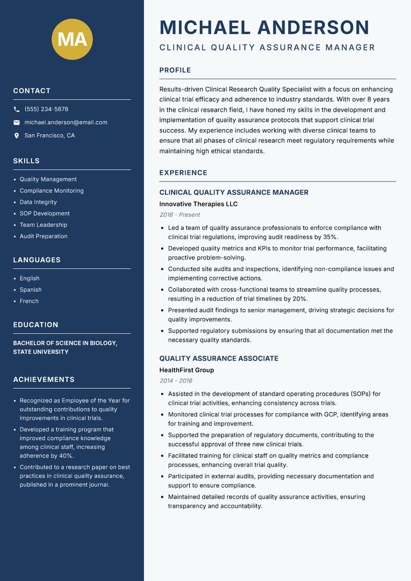 Clinical Research Quality Specialist resume template — Classic Clean