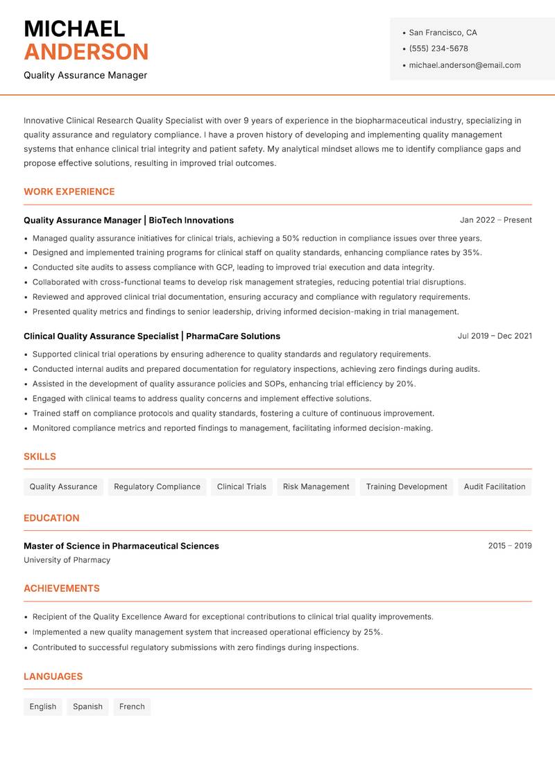 Clinical Research Quality Specialist resume template — Modern Professional