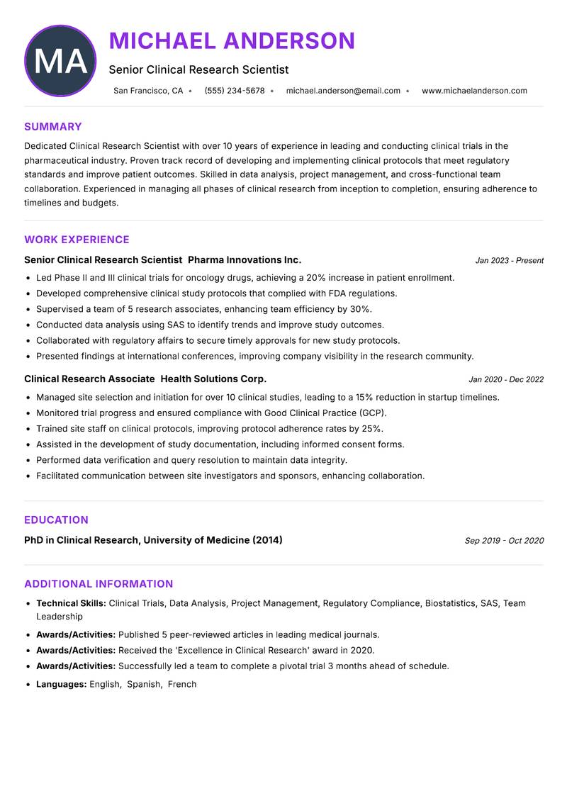 Clinical Research Scientist resume example — ATS-friendly template