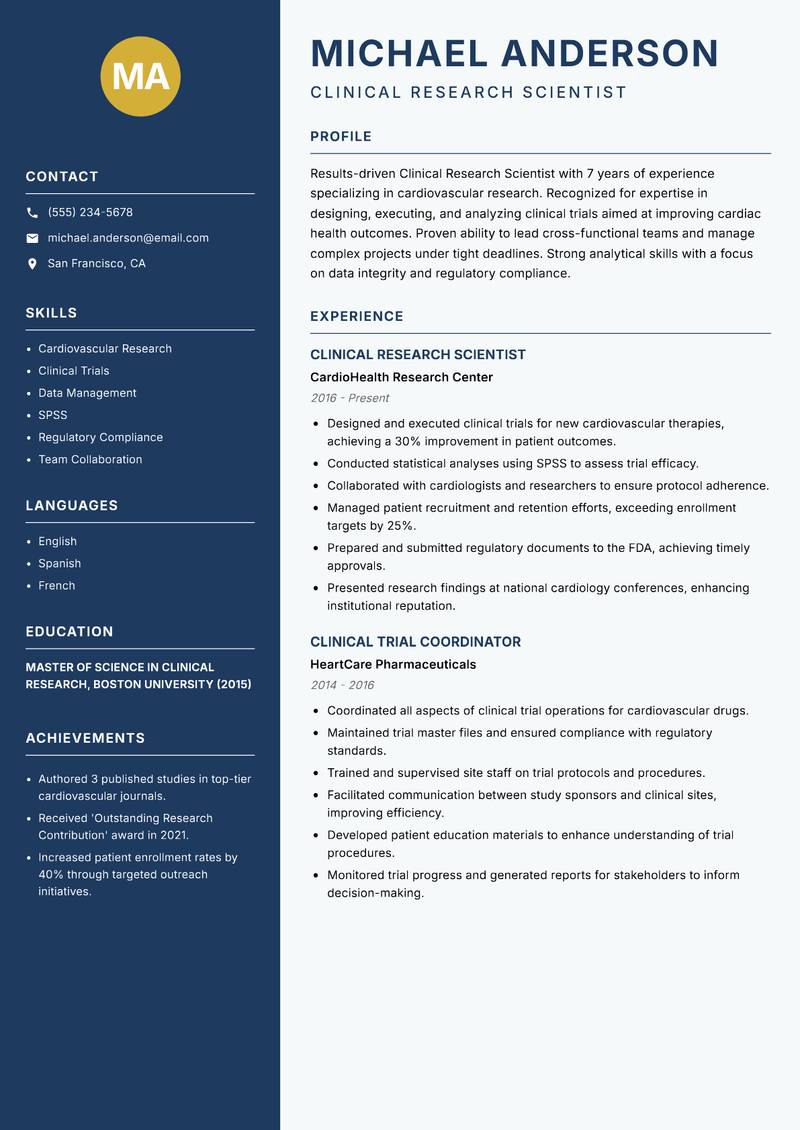 Clinical Research Scientist resume template — Classic Clean