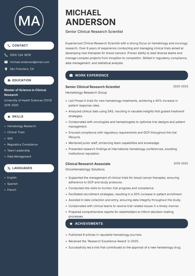 Clinical Research Scientist resume template — Compact
