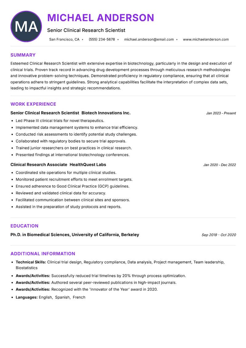 Clinical Research Scientist Biotechnology resume example — ATS-friendly template