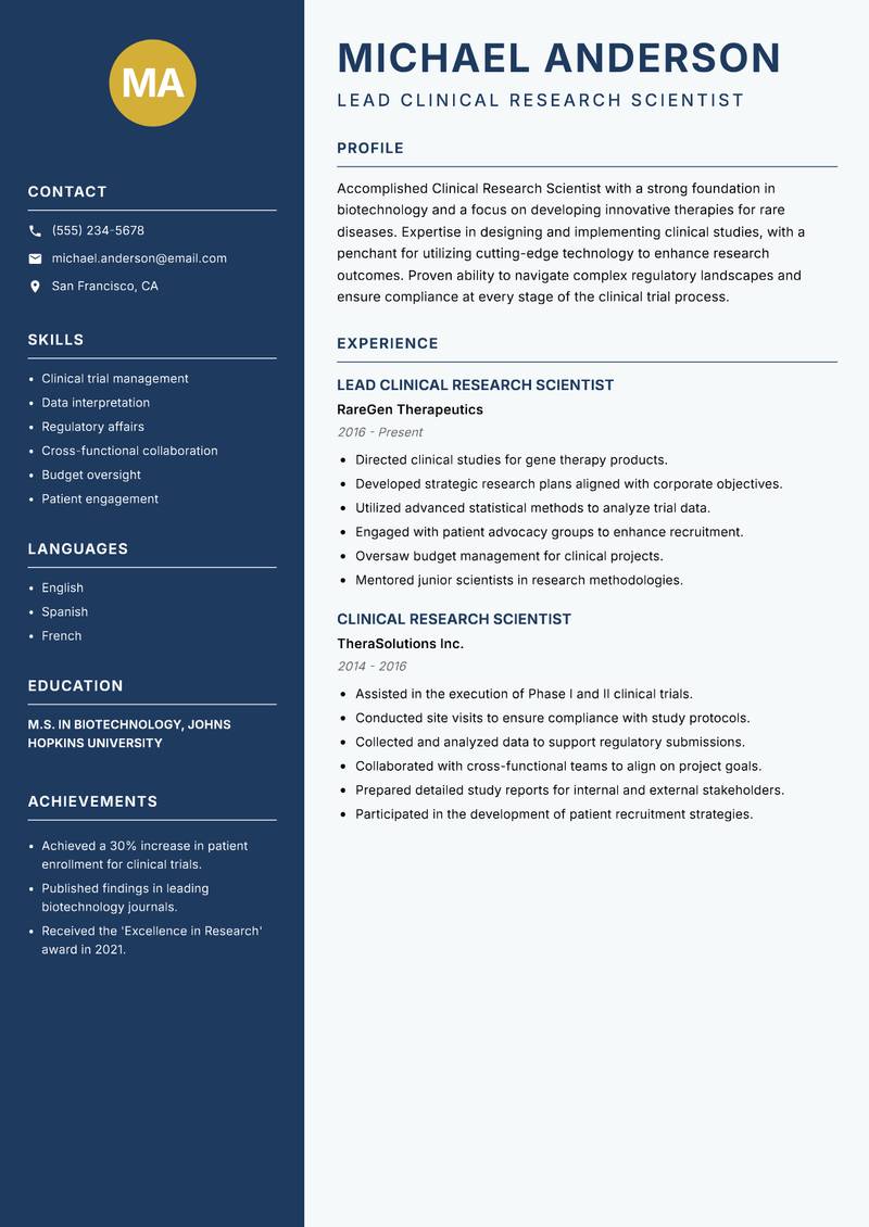 Clinical Research Scientist Biotechnology resume template — Classic Clean
