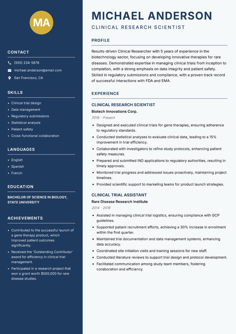Clinical Researcher resume template — Classic Clean