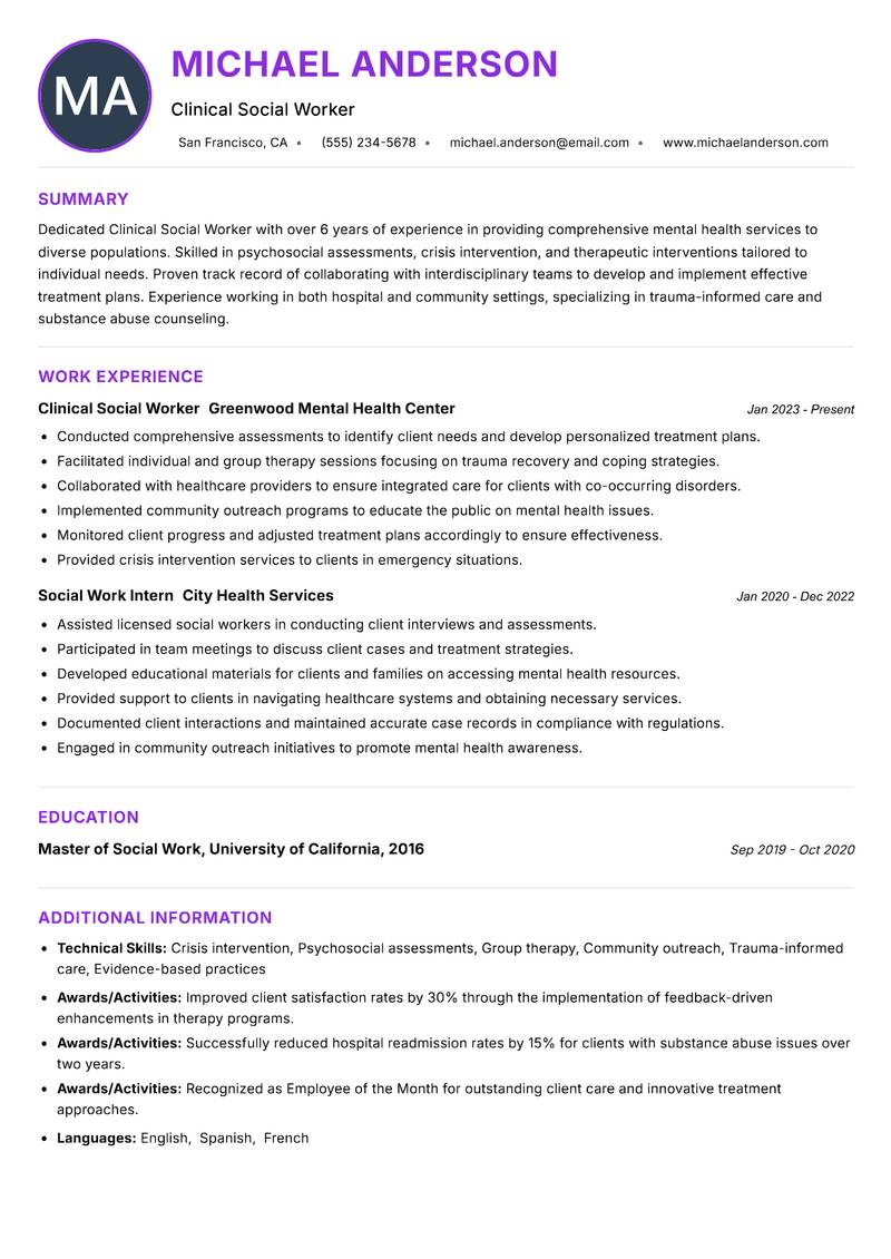 Clinical Social Worker resume example — ATS-friendly template