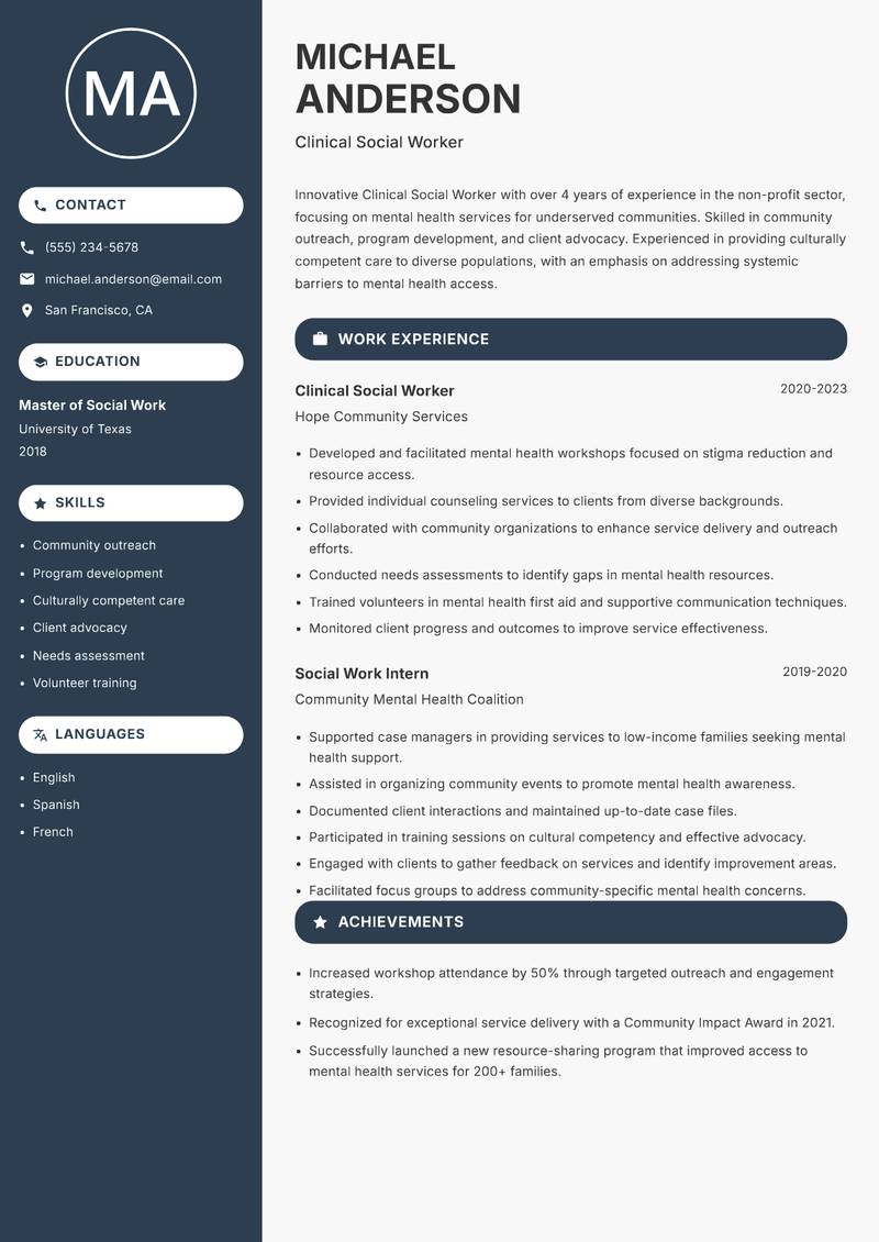 Clinical Social Worker resume template — Compact