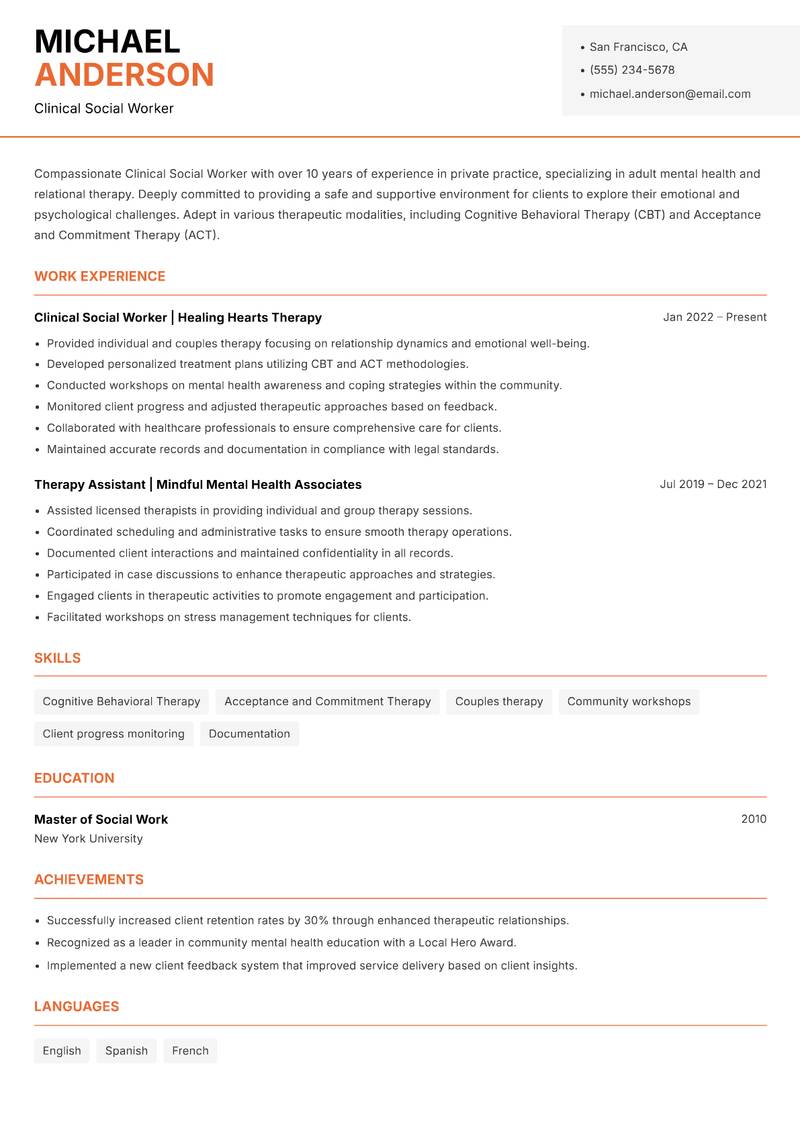 Clinical Social Worker resume template — Modern Professional