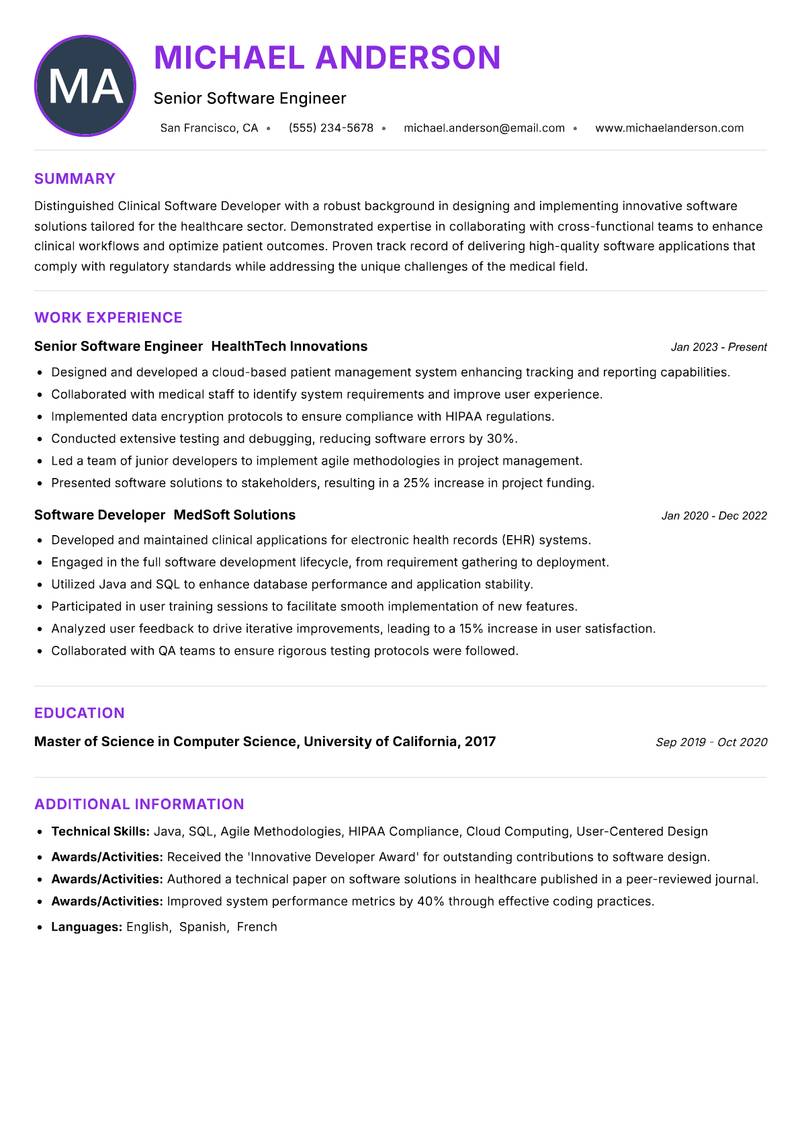 Clinical Software Developer resume example — ATS-friendly template