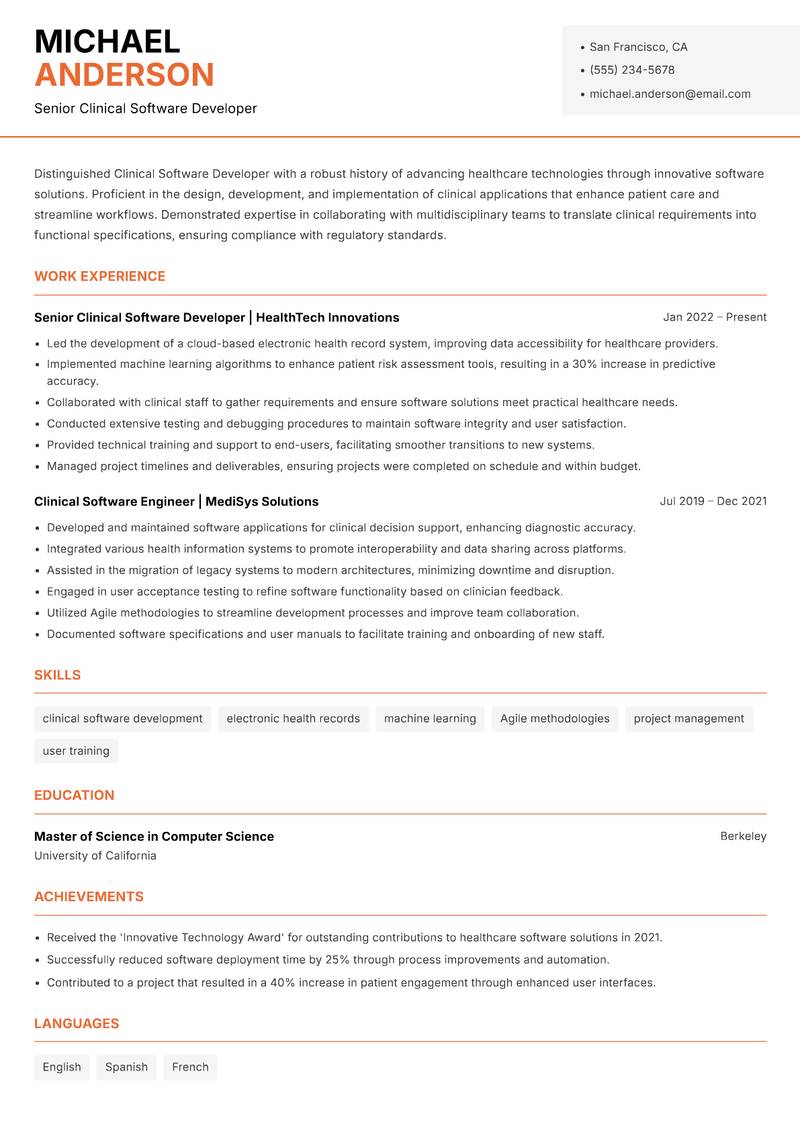 Clinical Software Developer resume template — Modern Professional