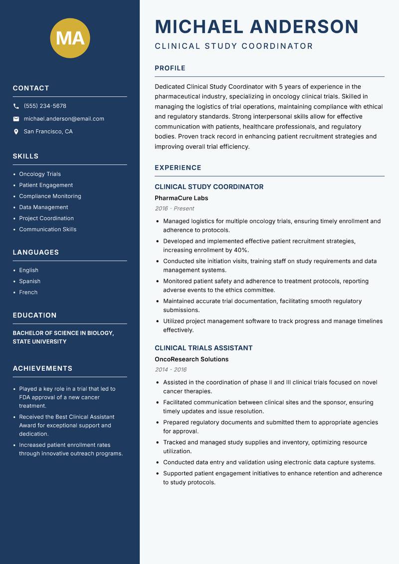 Clinical Study Coordinator resume template — Classic Clean