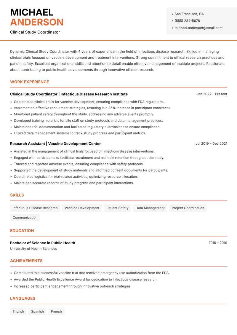 Clinical Study Coordinator resume template — Modern Professional