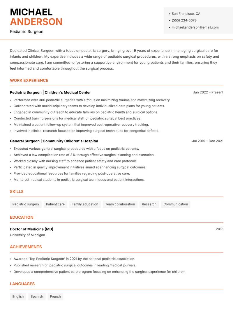 Clinical Surgeon resume template — Modern Professional