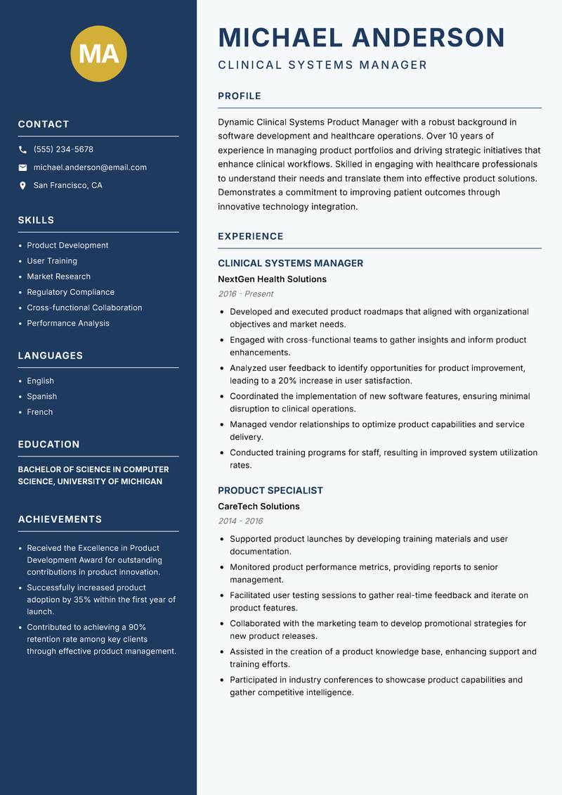 Clinical Systems Product Manager resume template — Classic Clean