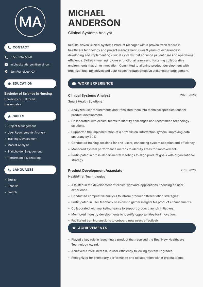 Clinical Systems Product Manager resume template — Compact