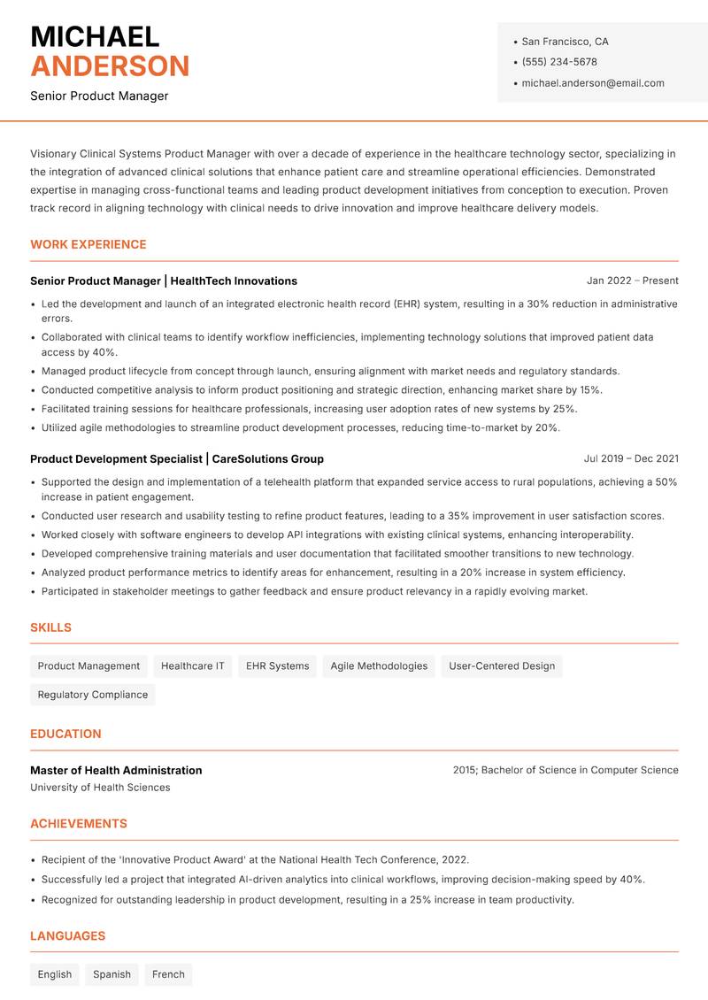 Clinical Systems Product Manager resume template — Modern Professional